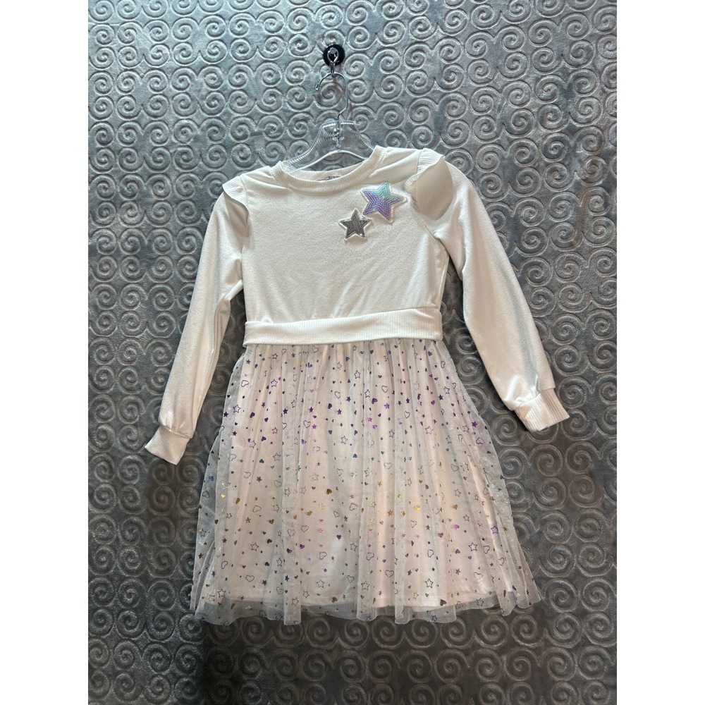 Three‎ Pink Hearts Girls White Sequin Star Long Sleeve Tutu Dress Size M